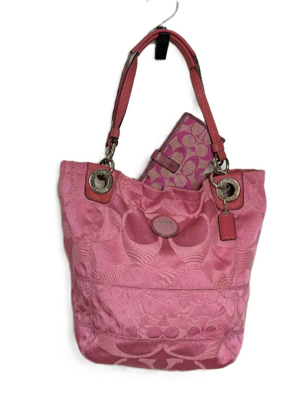 Coach Alex Shoulder Tote Pink Sateen Signature Op Art Bag 14449 + Pink Wallet